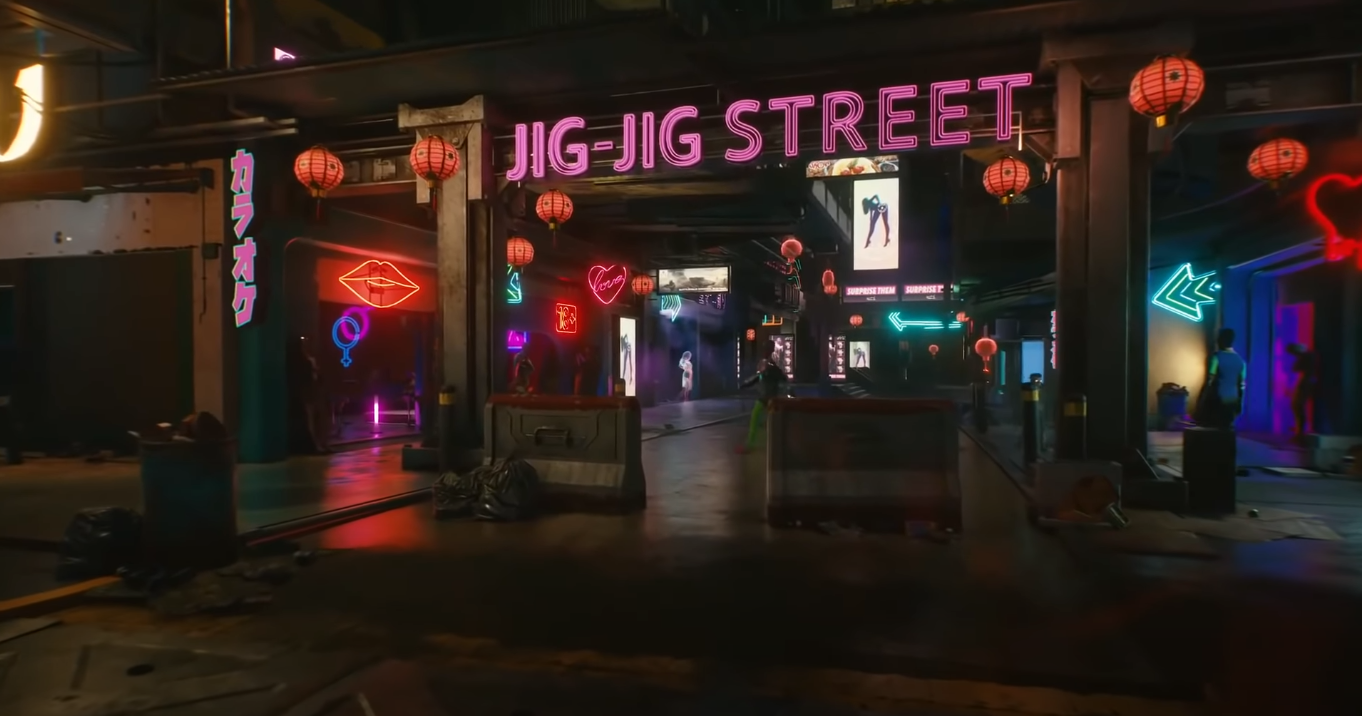 В Cyberpunk 2077 есть квартал красных фонарей под названием Jig Jig Street