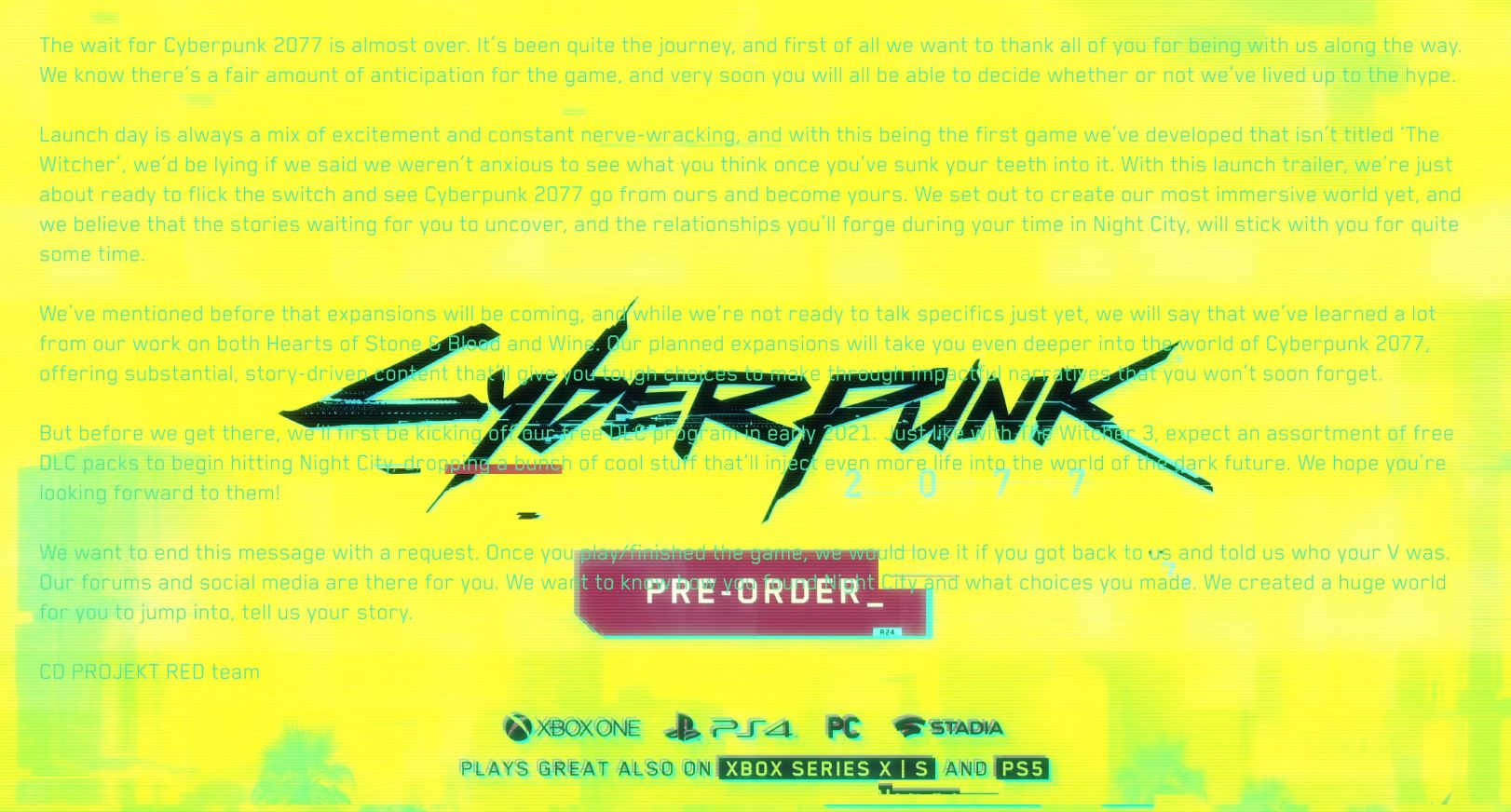 Релизный трейлер Cyberpunk 2077 содержал скрытое послание от CD Projekt RED