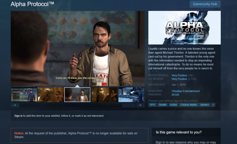 Alpha Protocol убрали из Steam Alpha Protocol убрали из Steam